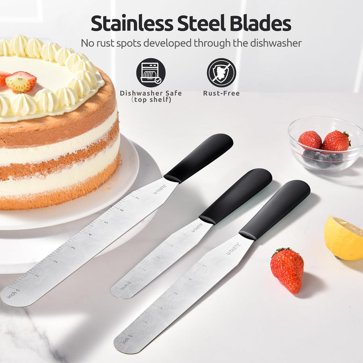 U-Taste Cake Icing Spatulas Set: Straight Decorating Frosting Knife with 6", 8", 10" Thinner Stainless Steel Blade, Flexible Smoothing Spreading Tools with Comfortable PP Handle for Cream (Black)