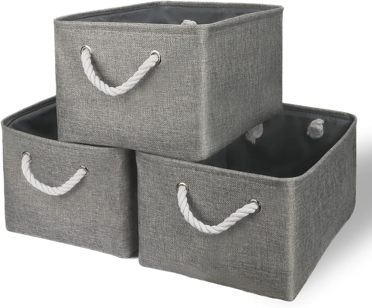 TheWarmHome Storage Bins - Medium 3 Pack Storage Baskets for Organizing Shelves | Fabric Storage Cubes Organizer for Linen Closet Nursery Home Decor Grey