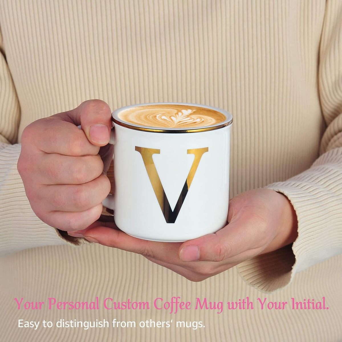 Miicol Ceramic Coffee Mug 16 oz, Monogram Coffee Cup, Golden Initial Tea Mug, Personalized Tea Cup, Unique Gift, Large Mug for Home, Office, Letter V
