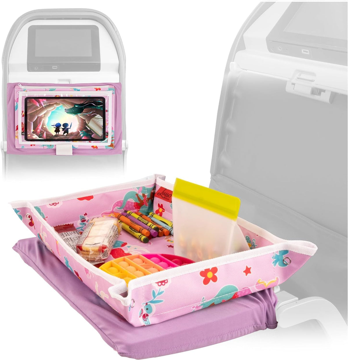 Lusso Gear Kids Airplane Tray Table Cover with Pockets - Mermaids Pattern - Airplane Travel Essentials for Kids & Toddlers - Organizer, Snack & Tablet Holder