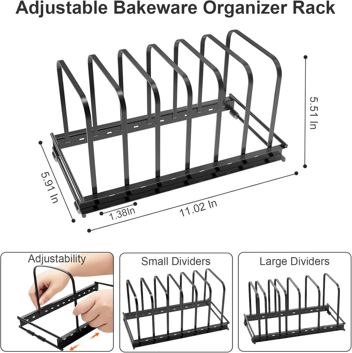 TEAMOLA Adjustable Bakeware Organizer Rack - 2pc Black Heavy-Duty Metal Cutting Board Rack for Cutting Boards & Cookware, Holds Utensils Up to 9.84" Wide (Space-Saving Holder Fits Narrow Countertops)