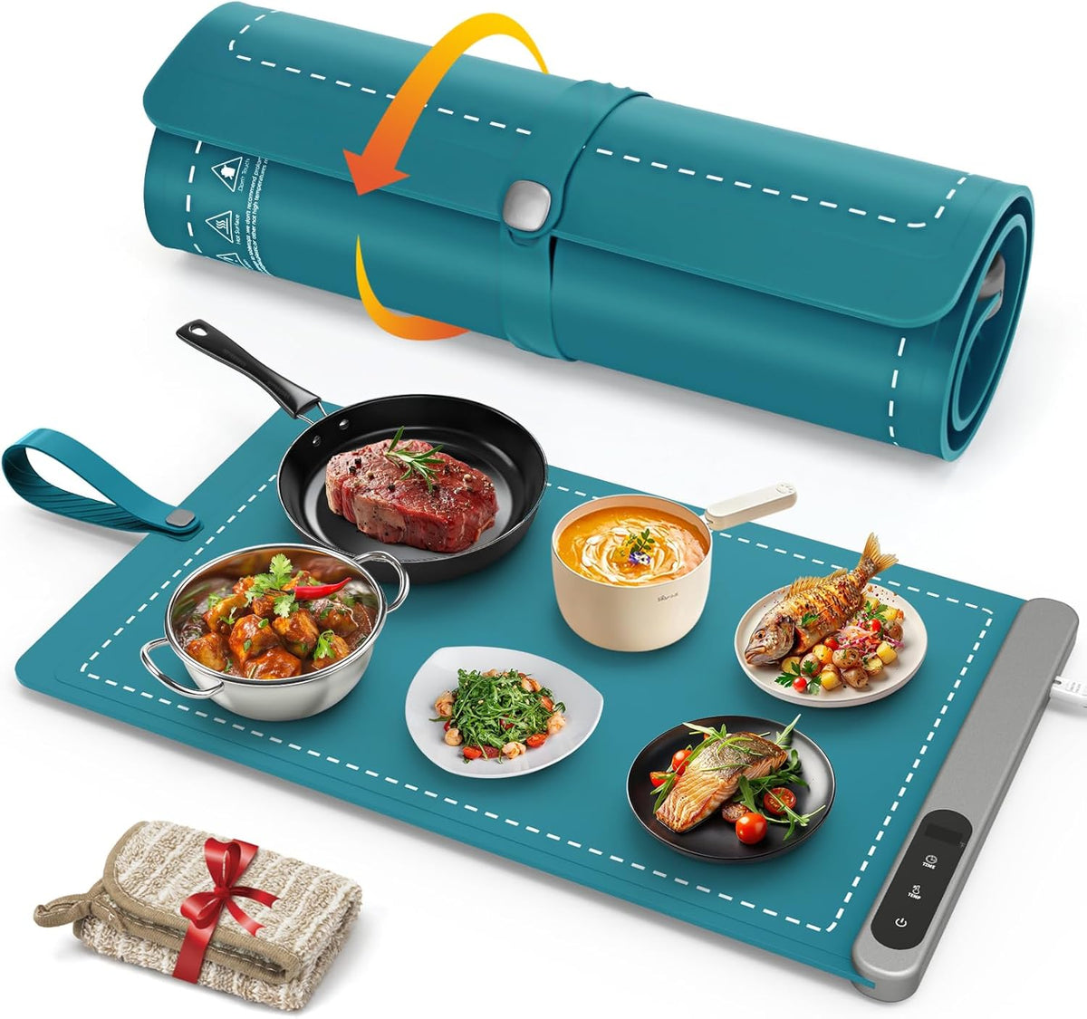 FYY Food Warming Mat - Electric Warming Tray with 6 Temperature Settings and 6 Hours Timer, Full Surface Graphene Heating Food Warmer, Premium Rollable Heating Tray for Gatherings, Parties, Dark Green