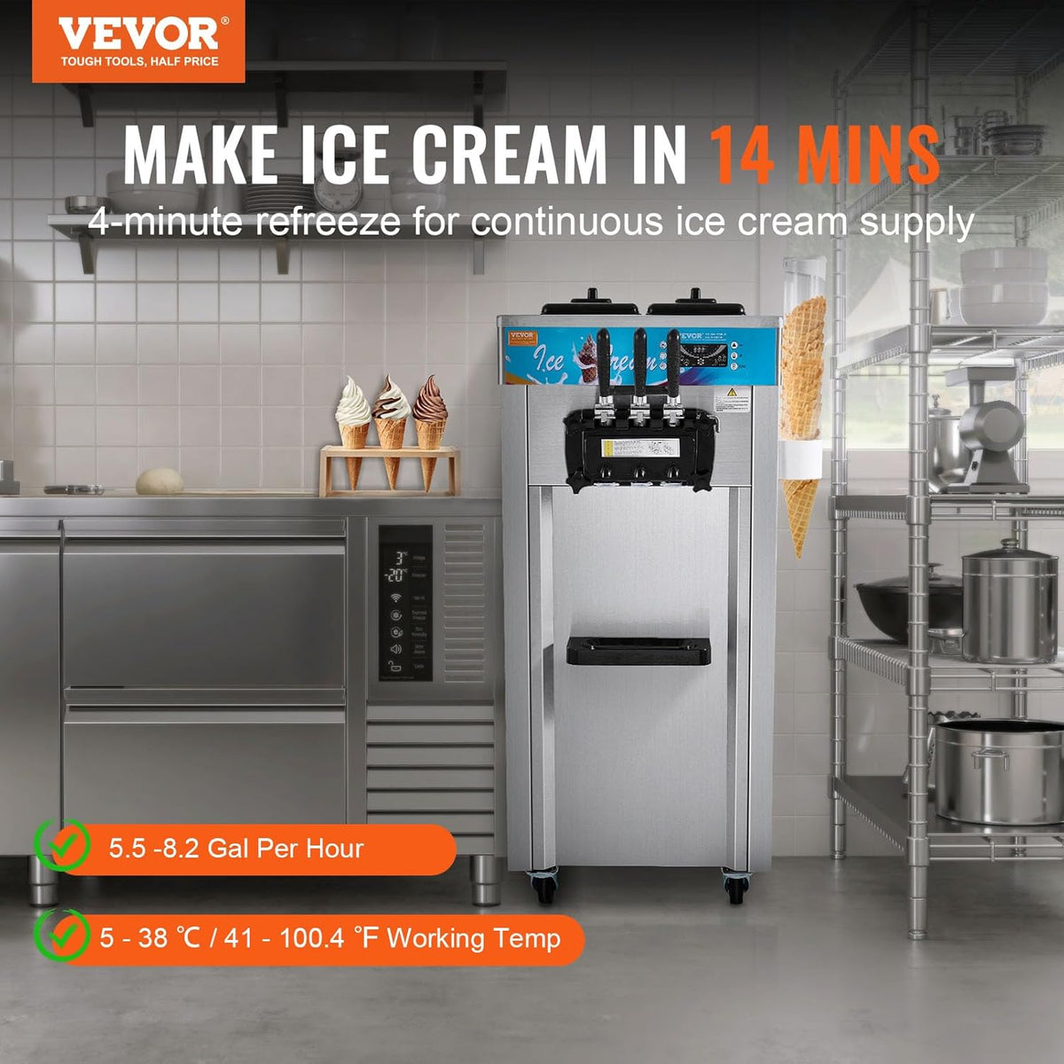VEVOR Commercial Ice Cream Machine, 21-31 L/H Yield, 1800W 3-Flavor Freestanding Soft Serve Ice Cream Maker, 2 x 5.5L Stainless Steel Cylinder, LED Panel Auto Clean Pre-cooling, for Restaurant Bars