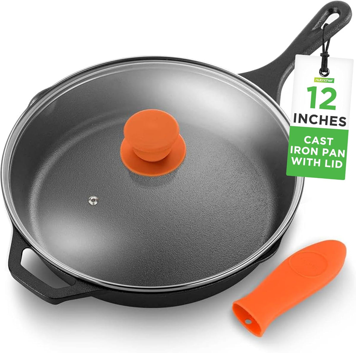 NutriChef 12-Inch Cast Iron Skillet w/Lid - Pre-Seasoned, Oven Safe, Nonstick, Cool-Touch Silicone Handle, For All Cooktops - NCCI12