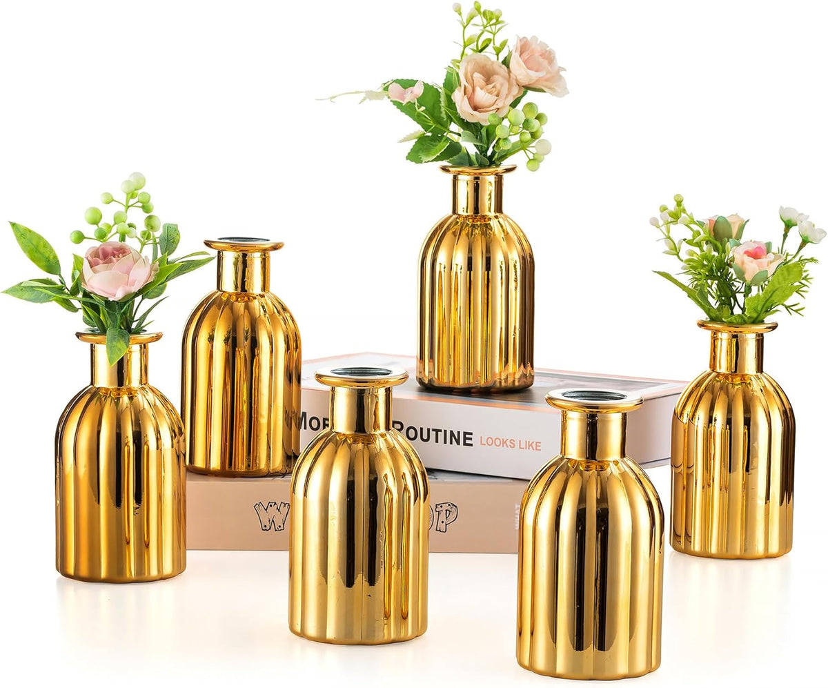 NUPTIO Bud Vases Glass Gold: 6 Pcs Small Vase Set in Bulk for Flowers - Mini Vintage Flower Bottle Single Assorted Vases for Wedding Table Centerpieces