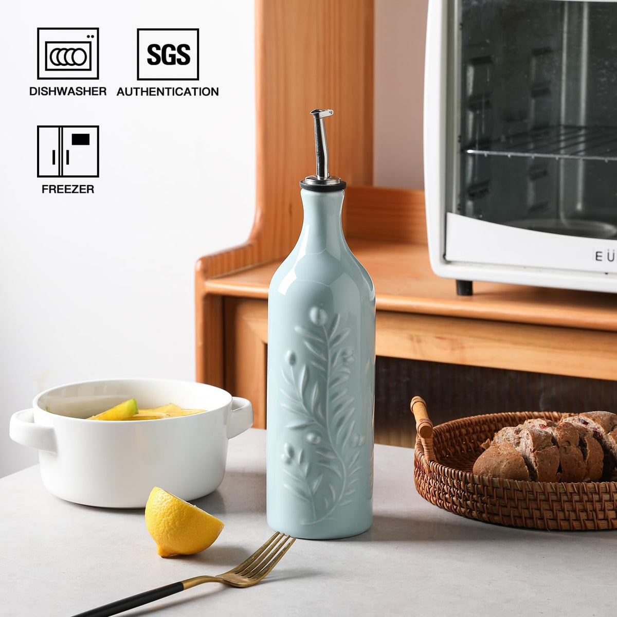 Sweejar Large Olive Oil Dispenser Bottle with Spout, 24 Oz Ceramic Oil Dispenser for Kitchen, Relief Opaque Cruet, Container for Cooking, EVOO, Vinegar, Pack of 1 (Light Blue)