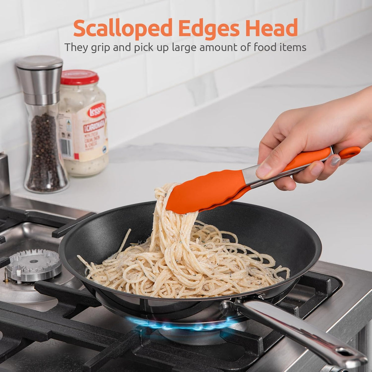 480ºF Heat Resistant Kitchen Tong: U-Taste 7 inch Silicone Cooking Tong with Firm Sealed Non Stick Rubber Tips & Silicon Coated 18/8 Stainless Steel Handle & Smooth Locking for Serving Salad (Orange)