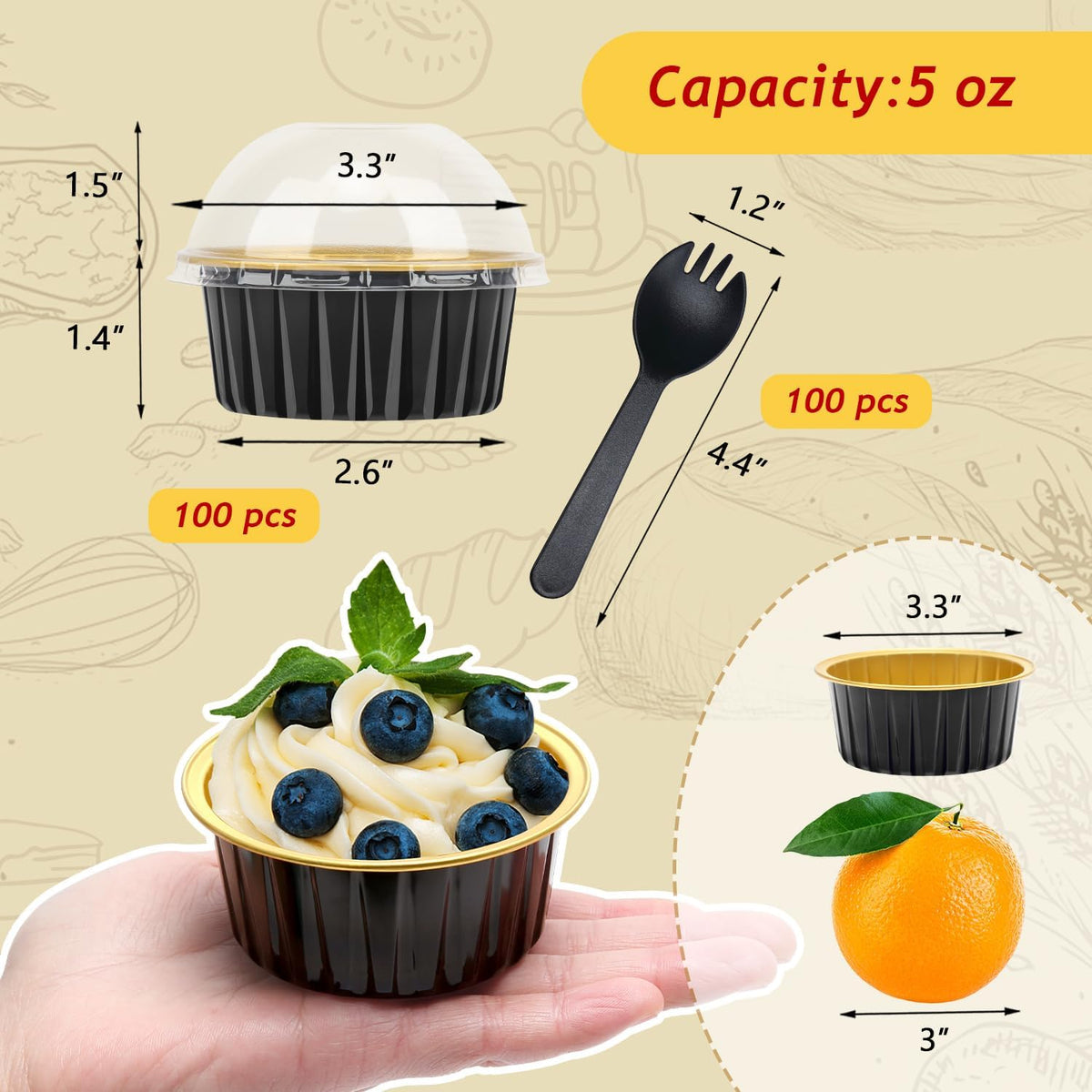 LNYZQUS 5oz Mini Cake Baking Pans with Lids 100 Pack, Disposable Mini Aluminum Cupcake Pan Muffin Cups, Small Cake Baking Cups Muffin Tin Cupcake Liners Containers for Custard Creme Brulee-Black