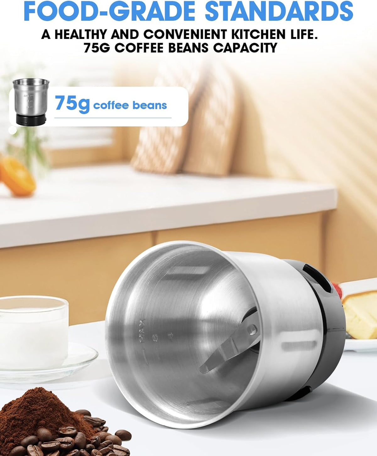 Electric Coffee Grinder,250W Powerful Motor Kichen Grinder,Quite Home Machine with 75g Coffee Bean Capacity,for Beans Spices Nuts Grians Herbs,Stainless Steel and Black