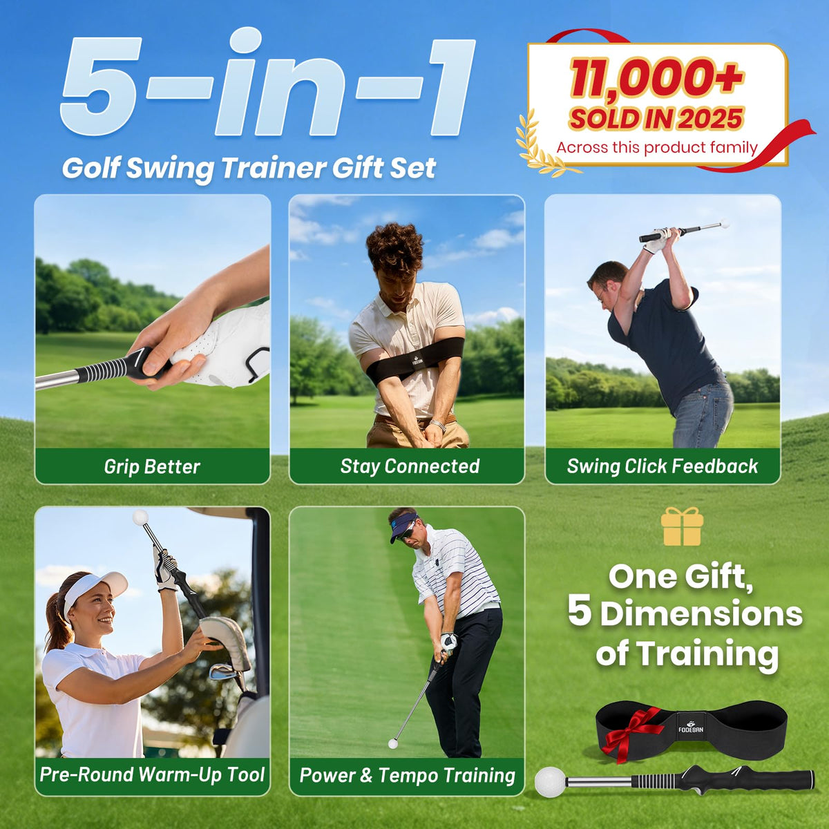 FODESAN Retractable Golf Swing Trainer, Training Aid with Grip Trainer, Swing Mechanics for Beginners & Tempo Training for Advanced, Click Feedback, Muscle Training, Indoor/Outdoor