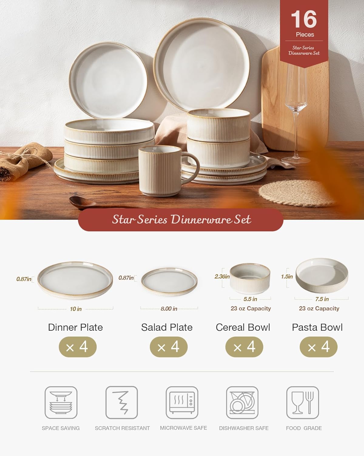 Famiware Star Dinnerware Set with Pasta Bowls, Service for 4 (16pcs), Ribbed Stoneware Plates and Bowls Dishes Sets - Chip & Scratch Resistant, Microwave & Dishwasher Safe, Cappuccino White