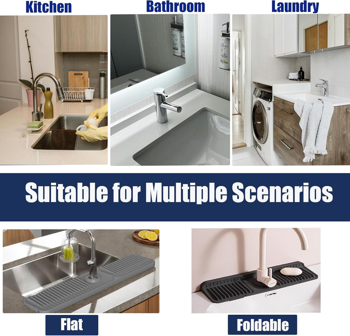 17.7" Silicone Faucet Mat for Kitchen Sink,Folding Sink Splash Guard Behind Faucet,Fasten Button & 6° Slope Design Faucet Drain Mat for Kitchen and Bathroom,Faucet Draining Mat(Black）
