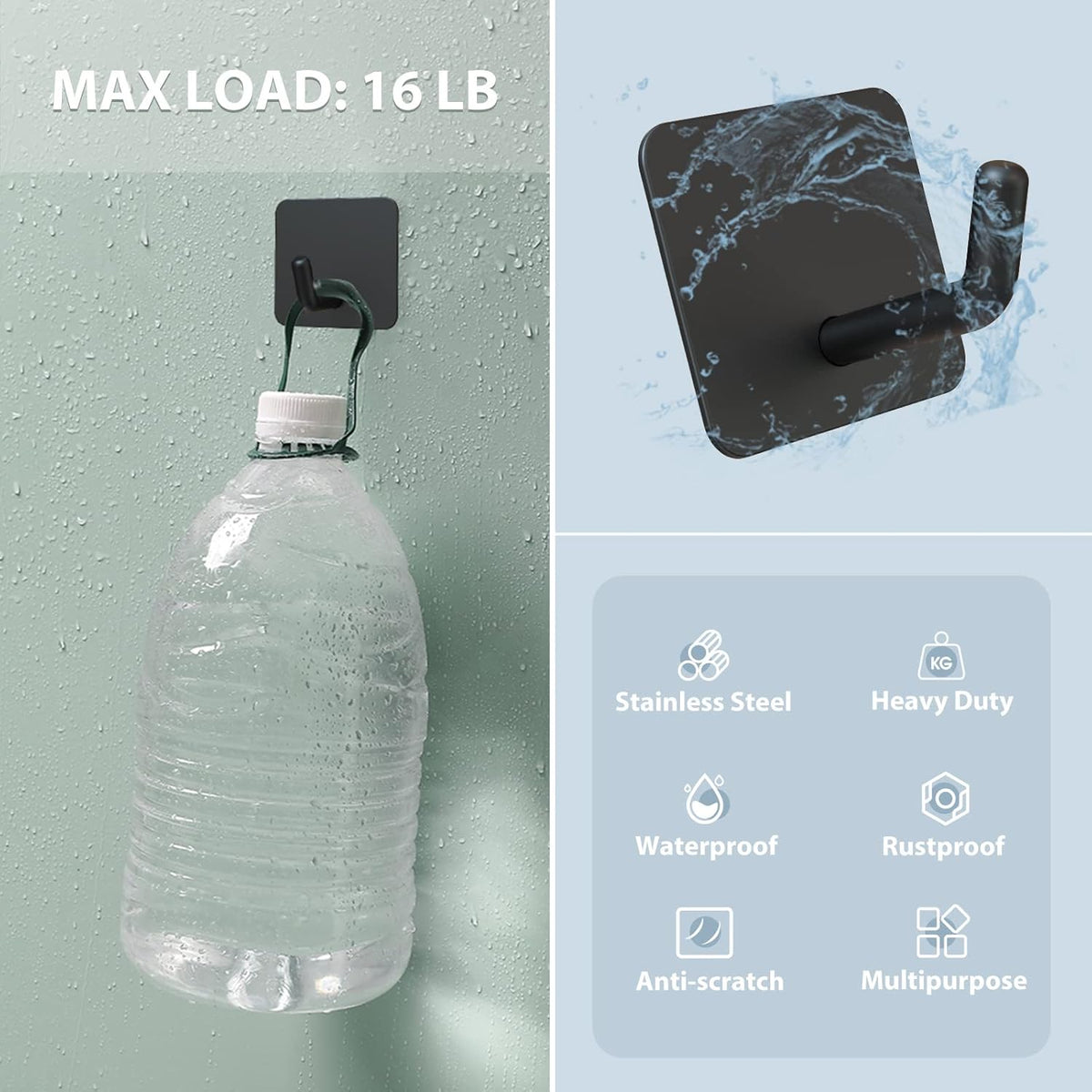 VIS'V Adhesive Hooks, Heavy Duty Shower Wall Stick on Hooks, Waterproof, 2 Extra Adhesive Strips, Black, 4 Pcs