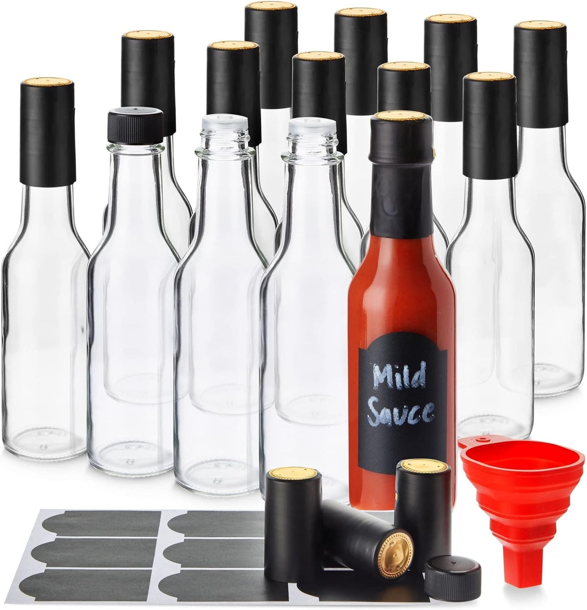 Talented Kitchen 14-Pack Glass Hot Sauce Bottles Kit - 5 Oz Clear Woozy Bottles - Screw-On Caps & Dripper Inserts - Includes Funnel & 18 Chalkboard Labels - Dishwasher-Safe - Hot Sauce Making Supplies