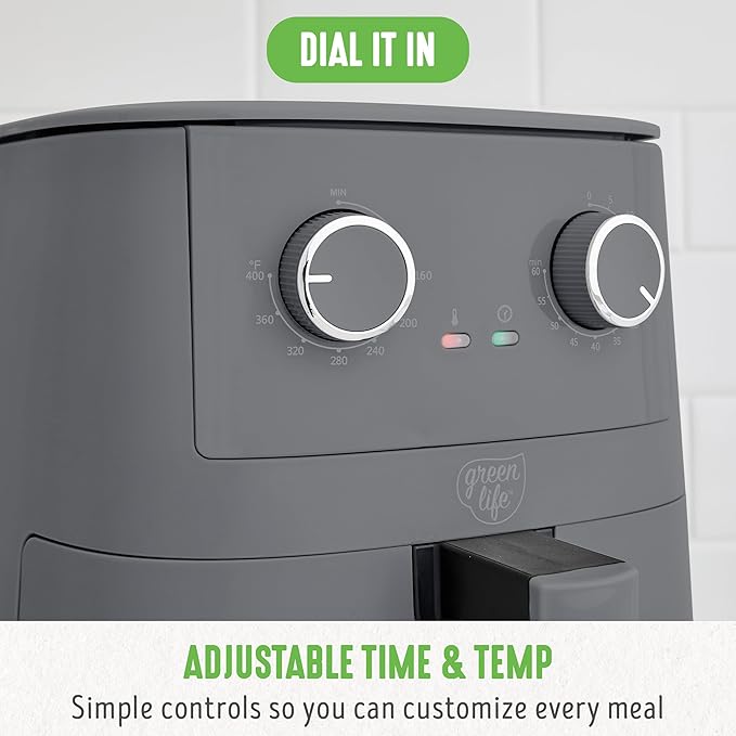 GreenLife 4.5QT Air Fryer, Mechanical Dial Controls, PFAS-Free Ceramic Nonstick Drawer, Adjustable Temp & Timer, LED Indicator, Oil-Less Cooking, Dishwasher Safe, Compact Family Size, Graphite