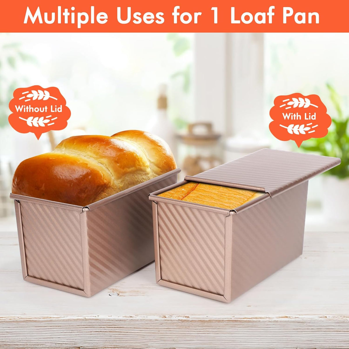 Beasea Pullman Loaf Pan with Lid, 2 Pack 1 lb Non-Stick Bread Loaf Pans Carbon Steel Bread Toast Box with Cover for Homemade Bakeware Bread Toast Oven Baking - Rose Gold