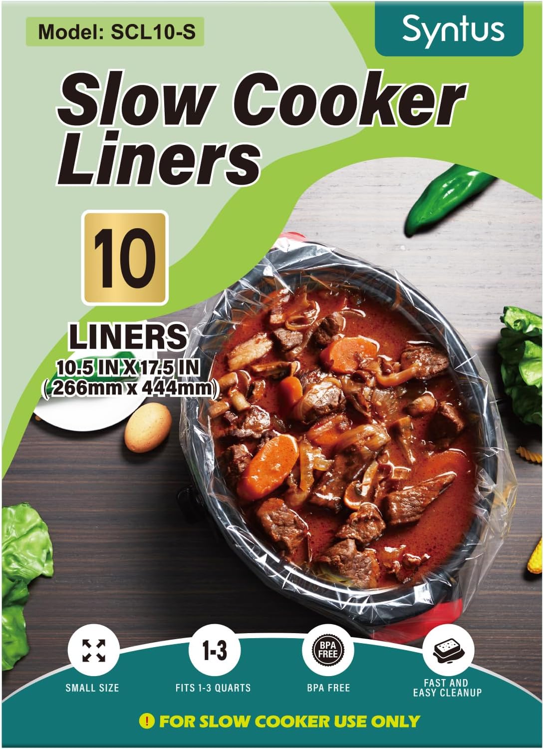 Syntus Slow Cooker Liners, 10 Count Cooking Bags Small Size Disposable Pot Liners Plastic Bags, Fit 1QT to 3QT for Slow Cooker Cooking Trays, 10.5"x 17.5", 10 Liners