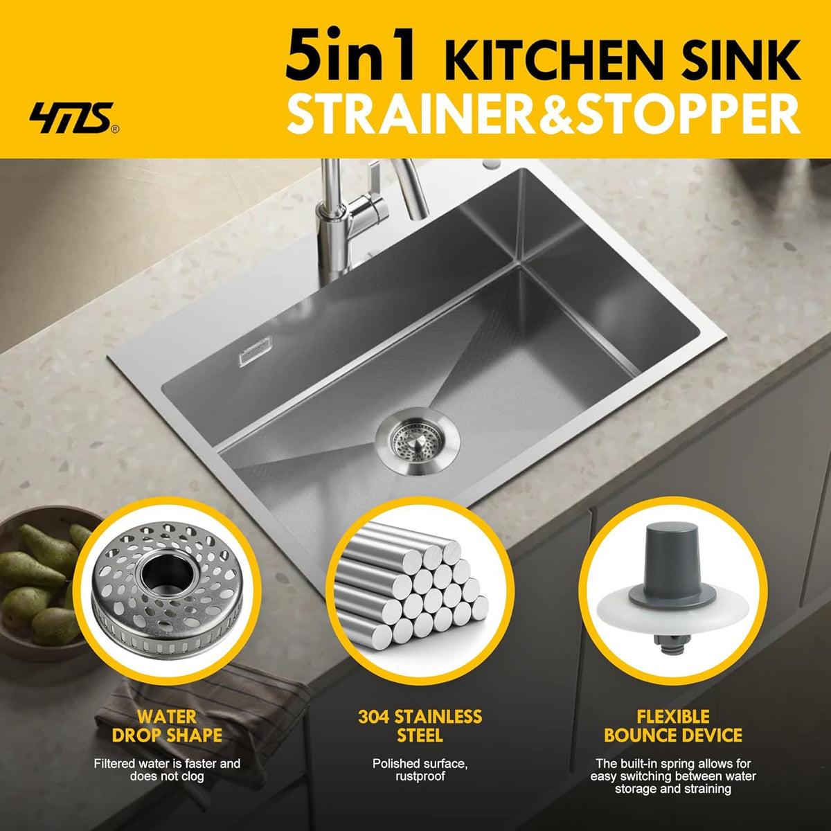 5-in-1 Stainless Steel Sink Aid, Kitchen Sink Drain Strainer Food Catcher, Popup Kitchen Sink Stopper & Odor Filter, Kitchen Sink Strainer Accessories with Drain Basket (Classic Brushed)