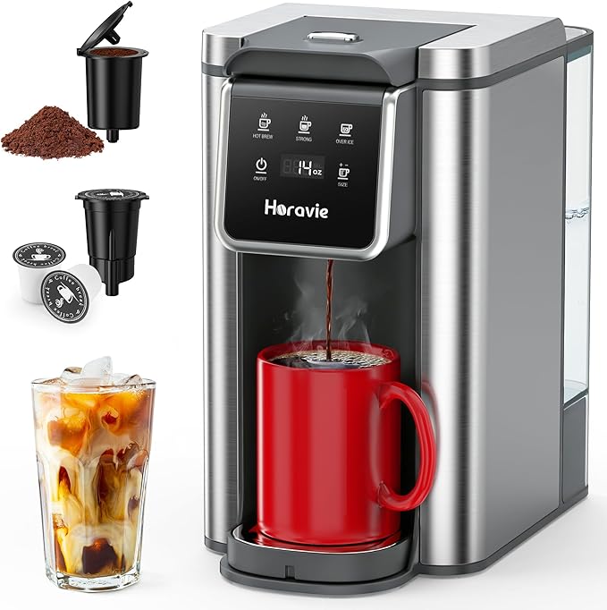 Single Serve Coffee Maker for K-Cup Pod and Grounds, Hot and Iced Coffee Maker, Stainless Steel Coffee Maker, Strong Button Feature, 6 to 14oz Brew Sizes, 50oz Removable Tank, Up to 6.5 Inch Cup, Grey
