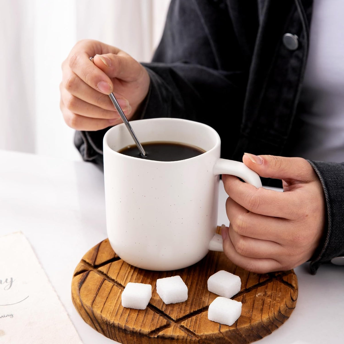 AmorArc 14oz Coffee Mugs Set of 6, Speckled Ceramic Coffee Mugs with Large Handle & Wavy Rim for Latte/Hot Cocoa/Tea, Coffee Cups for Men Women. Oven, Dishwasher&Microwave Safe, Speckled White