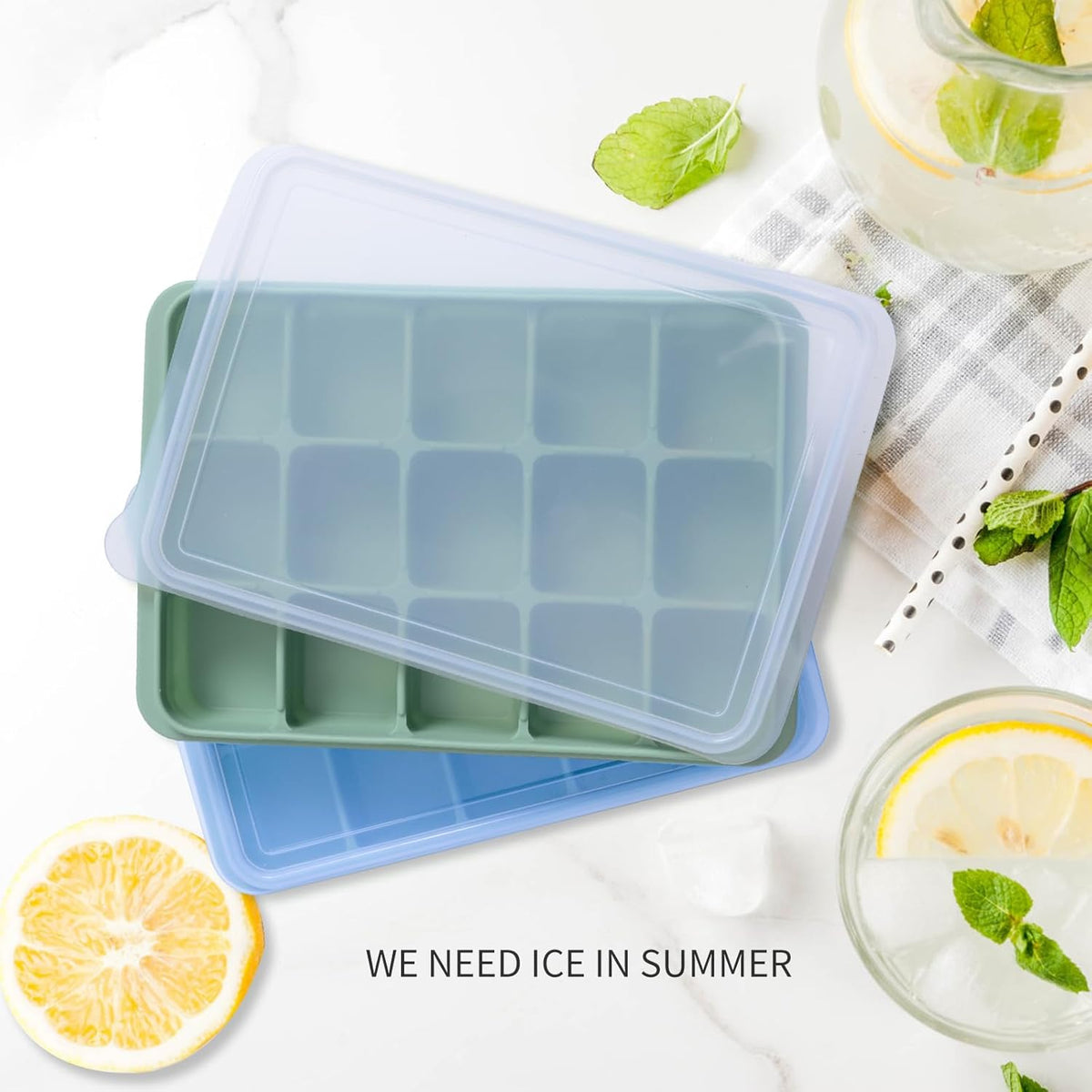 Ice Cube Trays Set of 2, Easy Release 15 Flexible Silicone Ice Cube Molds with Removable Lid Reusable Freezer Ice Trays Stackable for Whiskey, Baby Food, BPA Free (BLUE+GREEN)