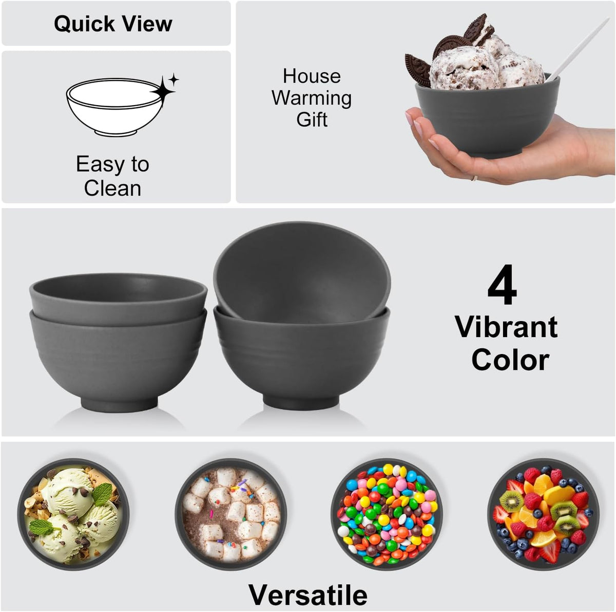 wheat straw small bowls 10oz set of 8 - Unbreakable Dessert Bowls for kids - Mini Bowl Sets for Ice Cream,Snack and Fruits - Microwave & Dishwasher Safe Appetizer Bowls (Deep Grey)