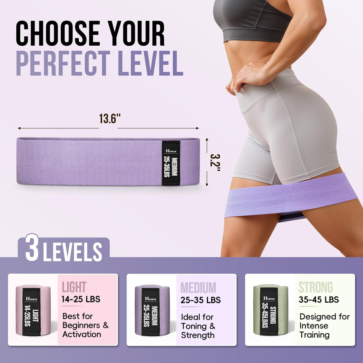 Fabric Resistance Band Set with Exercise Guide, 3 Levels for Hip and Glute