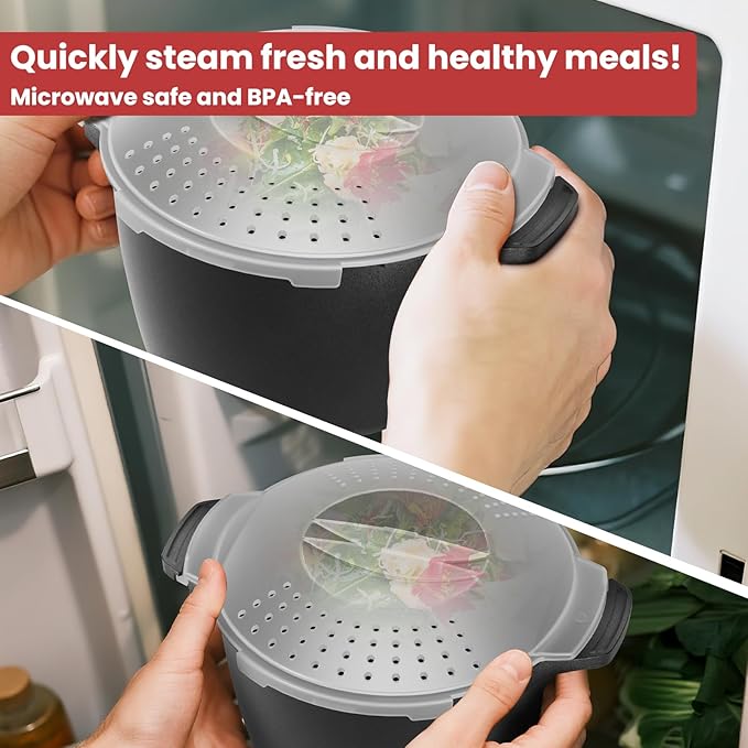 Large Microwave Cookware Steamer 2 Quart - AJXX Micro Cookware Vegetable Steamer for Cooking, Microwave Cooker with Food Container, Removable Filter and Lockab - BPA Free, Dishwasher Safe
