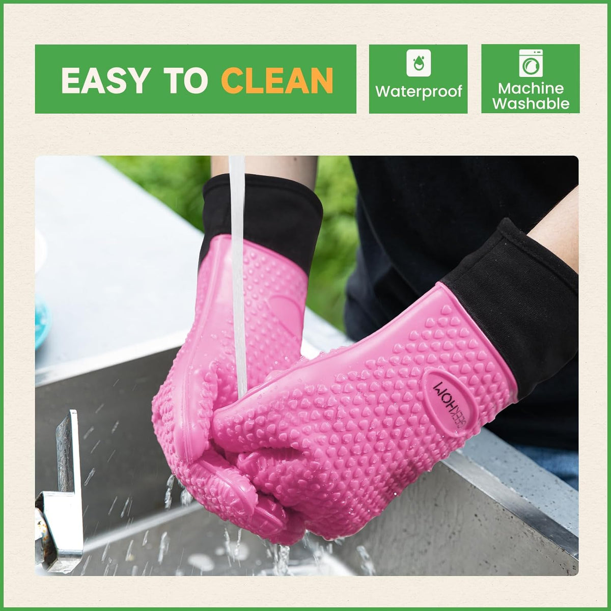 GEEKHOM BBQ Gloves Heat Resistant Oven Mitts - Silicone Grilling Gloves with 13.7" Arm Protection - Waterproof Pot Holder Non-Slip for Men & Women, Kitchen Outdoor Cooking, Baking, Camping, Pink