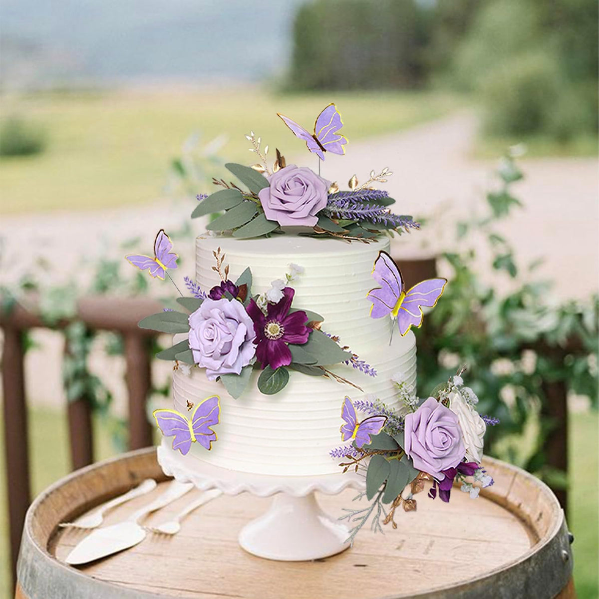 Rinlong 3Pcs Pre-made Purple Cake Flowers Decorations Flower Cake Topper Butterfly Cake Decorating Flowers for Wedding Sweet 16 Birthday Girl