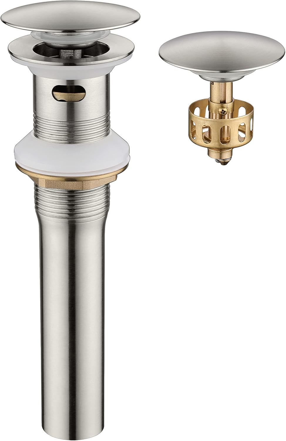 Pop up Sink Drain Stopper with Overflow Brushed Nickel for Bathroom Vessel Vanity Sink Art Basin，Big Cap Sink Drain with Overflow, Metal Pop-up Drain Strainer with Detachable Basket Stopper
