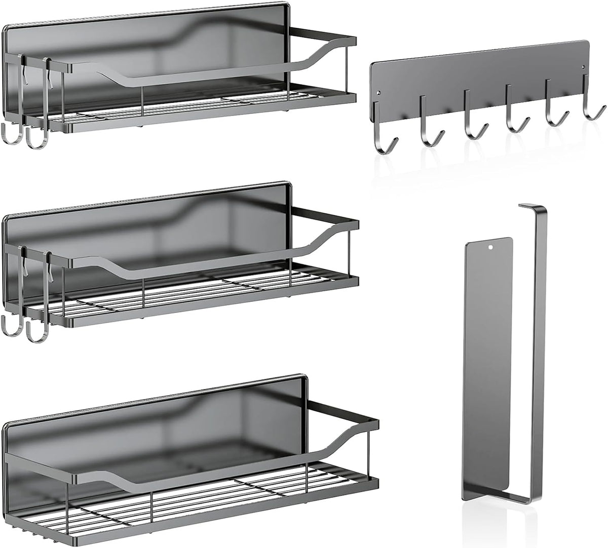 5 Pack Multifunctional Magnetic Shelves for Refrigerator Spice Rack & Washing Machine Organize, Include Paper Towel Holder, Kitchen Utensil Hanger and Hooks, Strong Magnet for Secure Hold (Gray)