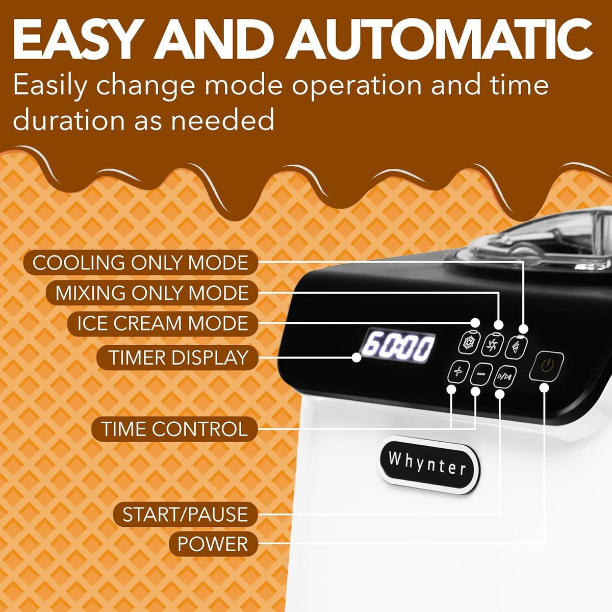 Whynter Ice Cream Maker Machine Automatic 1.28 Qt Upright with Built-in Compressor, LCD Digital Display & Timer, No Pre-Freezing, ICM-128WS, White