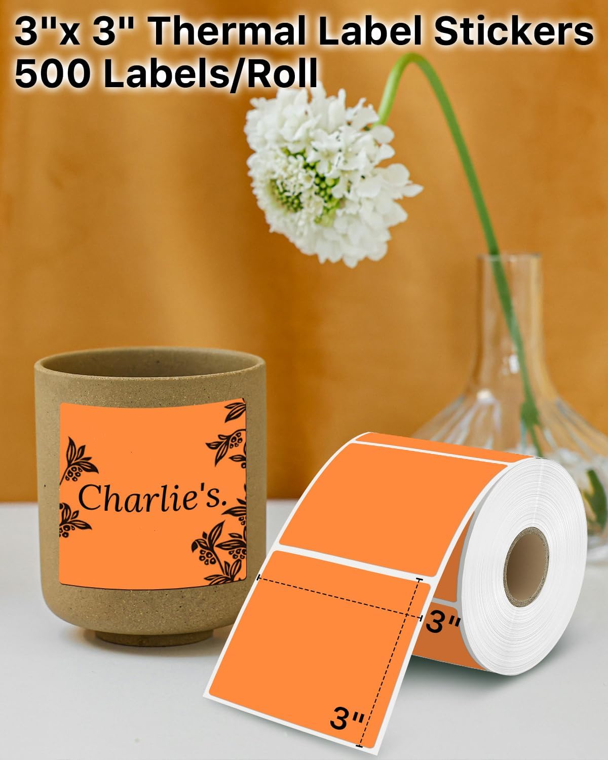 iEager Orange Square Thermal Label Stickers, 3" x 3" Self-Adhesive Square Direct Thermal Labels with Perforation Line, 500 Sheets/Roll