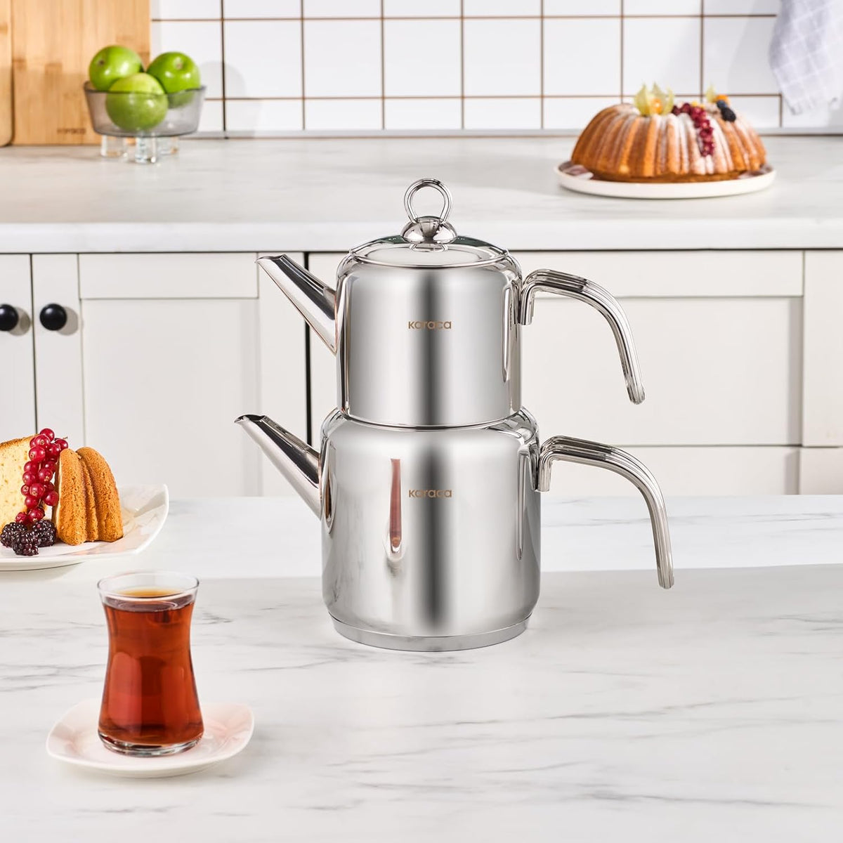 Karaca New Mani Turkish Tea Set for Stovetop, Induction Base Stainless Steel Tea Maker (1L Teapot & 2L Tea Kettle), Dishwasher Safe, Non-Burning Handles Samovar Style