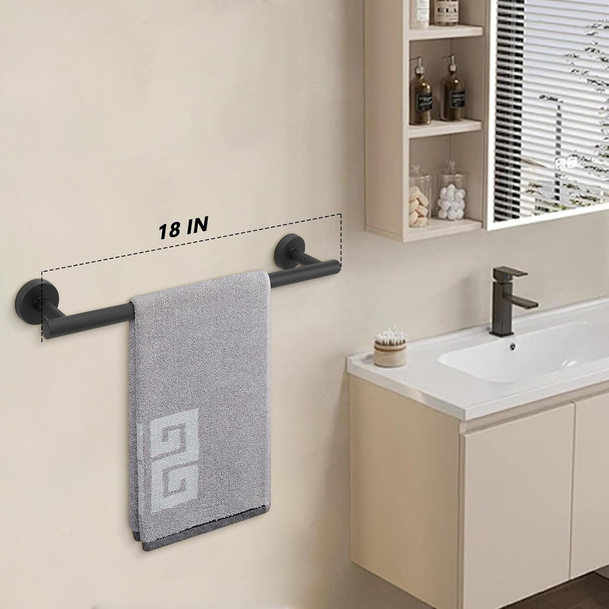NearMoon Bath Towel Bar, Bath Accessories Thicken Stainless Steel Shower Towel Rack for Bathroom, Towel Holder Wall Mounted (1 Pack, Matte Black, 18 Inch)