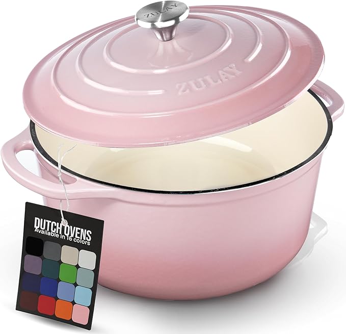 Zulay Kitchen 7.7 Quart Enameled Cast Iron Dutch Oven Pot with Lid – Premium Durability & Oven Safe up to 500°F – Heavy Duty Cookware Perfect for Bread Baking, Stews, Braising & Roasting – Pink