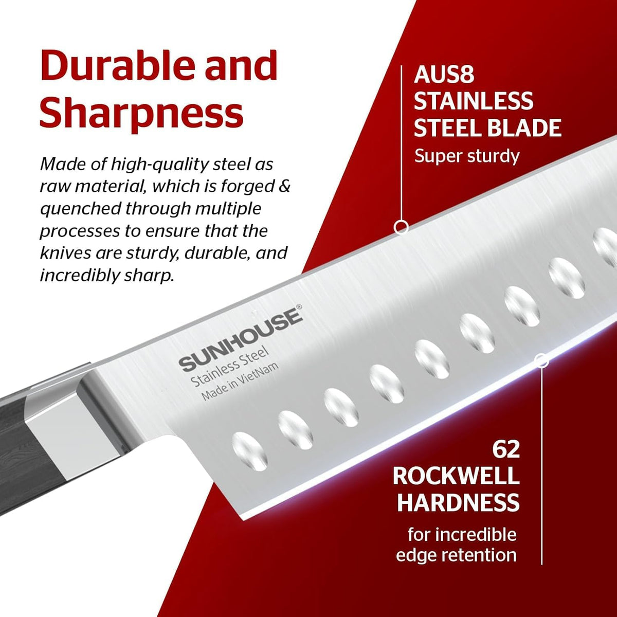 Sunhouse PREMIUM Chef Knife 7.9 inch, AUS-8 Stainless Steel – Superior 62HRC Hardness, Razor Sharp Blade, Full Tang, Ergonomic Handle, Perfect Gifts for Mom or Dad,Premium Gifts Box