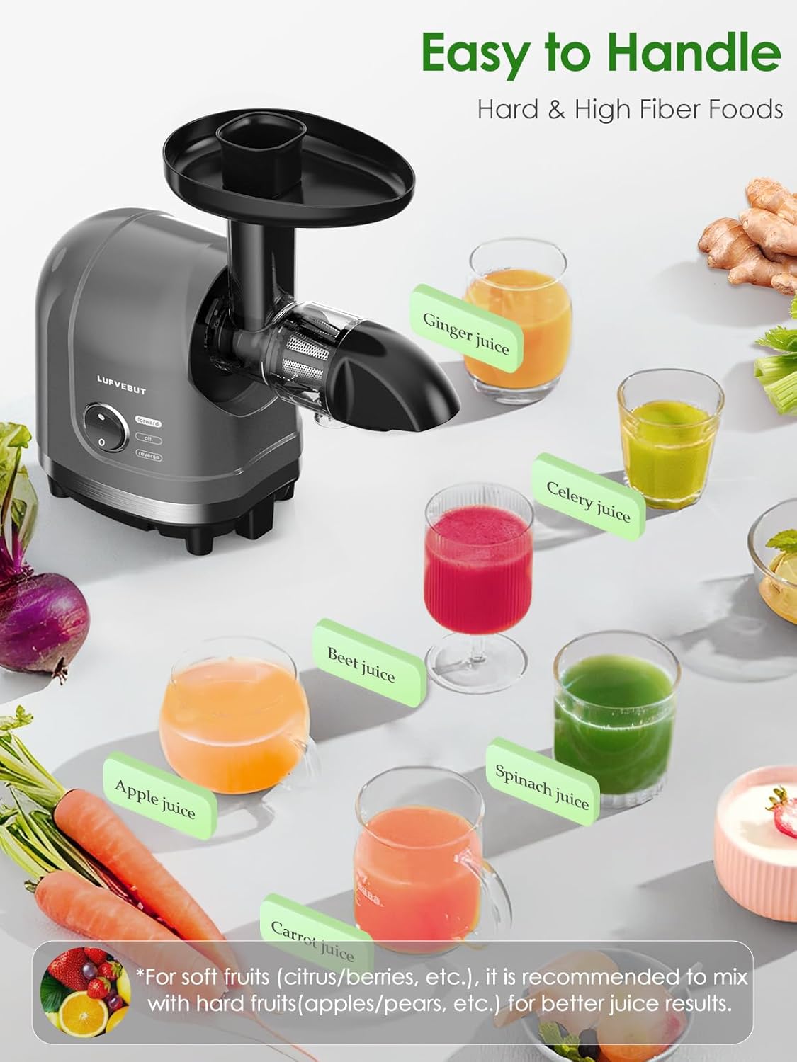 Slow Juicer for Celery Ginger Beet Carrot, Masticating Cold Press Juicer 200W Motor, Pulp Separated, East to Clean Dishwasher Safe, BPA Free, Juicer Machine Vegetable & Fruit
