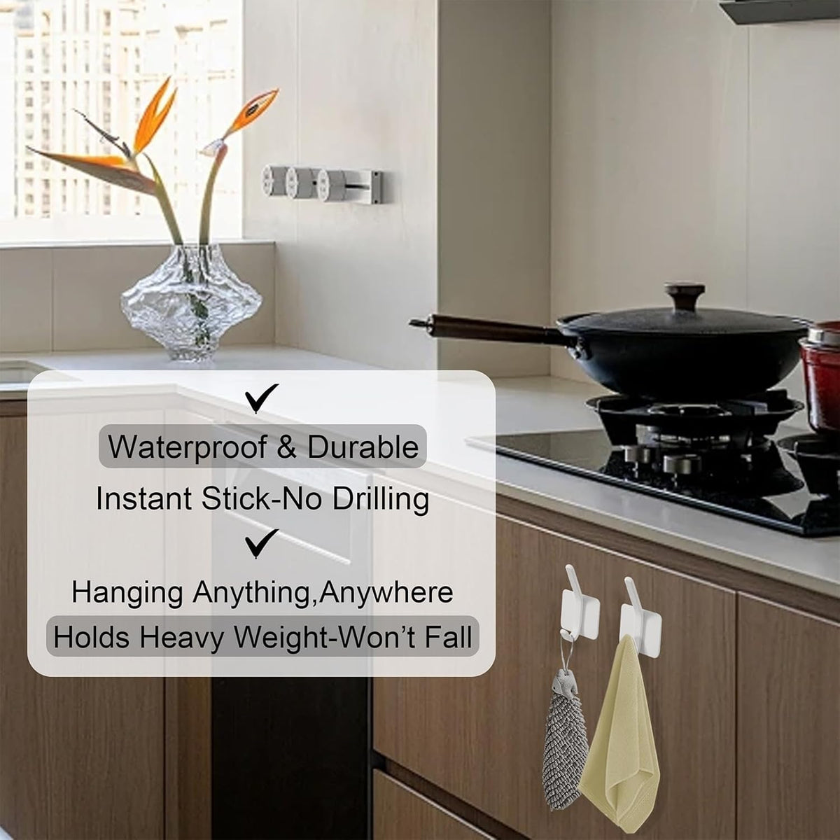 Aluminum Wall Hooks, No Drill Damage-Free Adhesive Hook, Product for Hanging Heavy Duty for Bathroom Kitchen Home (Double Square White Hook, 4)