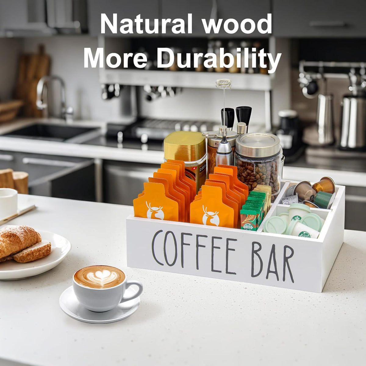 Coffee Station Organizer with Removable Dividers Disposable Cup Holder Wooden Countertop Organizer for Tea Condiment Accessories Storage Farmhouse Bar Decor Black (White)