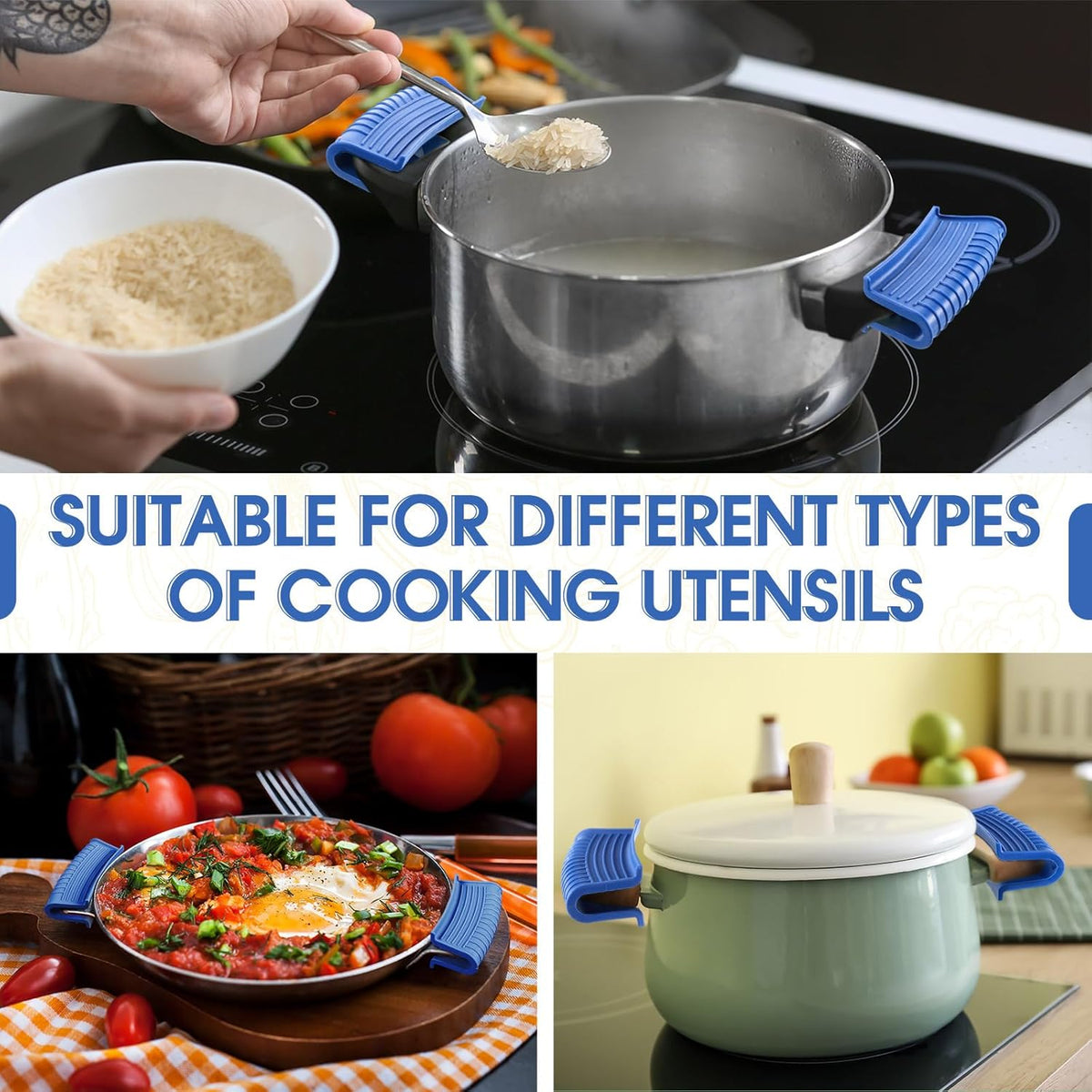 Patelai 4 Pcs Silicone Assist Hot Pan Handle Holder Pot Handle Covers for Cast Iron Skillets Holder Sleeve Nonslip Heat Resistant Pan Cover for Enameled Griddles Casserole Frying Cookware(Blue)