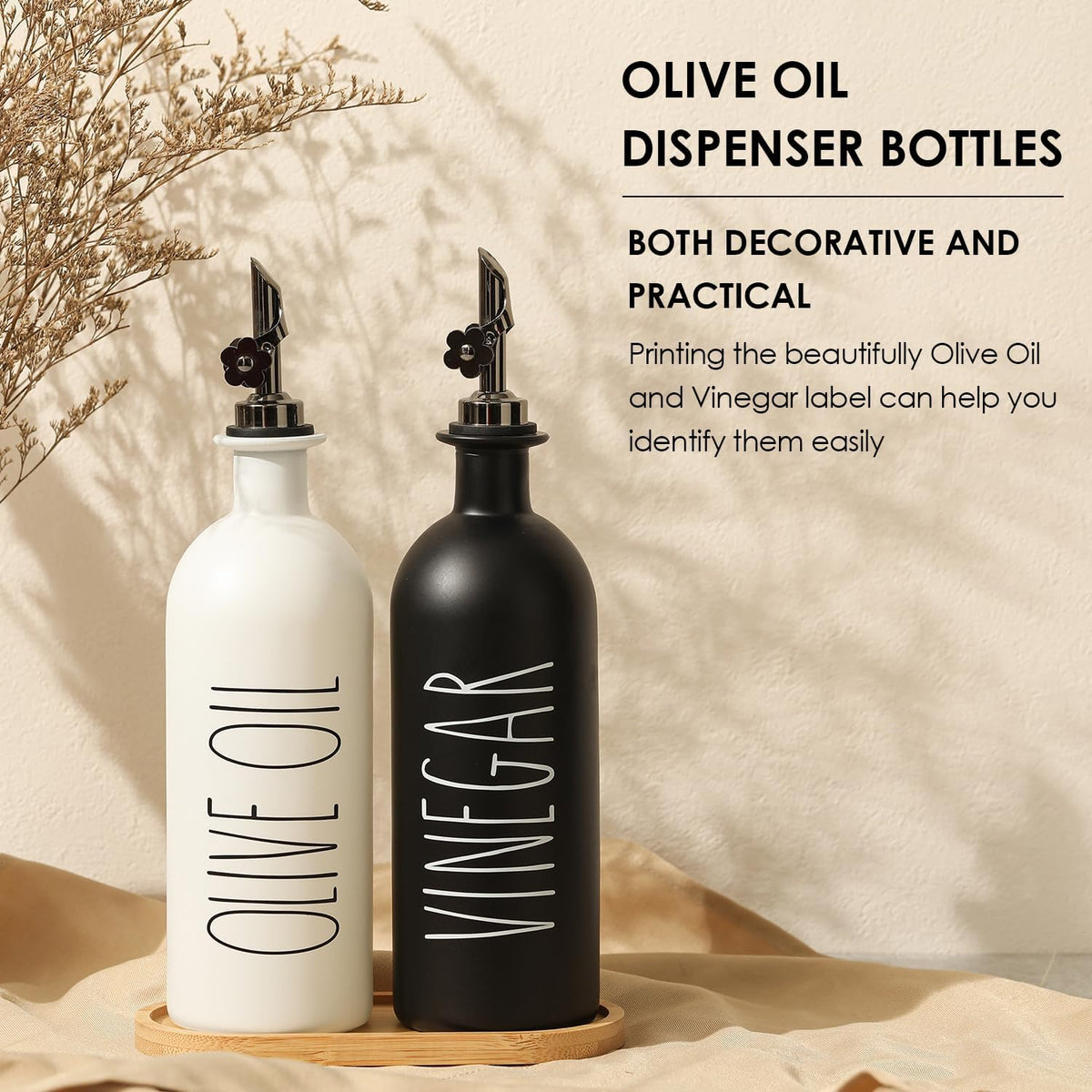 HOMCDALY 16oz Olive Oil Dispenser Bottles for Kitchen, Glass Oil Dispenser for Kitchen with Bamboo Tray, Oil&Vinegar Dispenser Set | Set of 2 (16oz-P-Black&White)