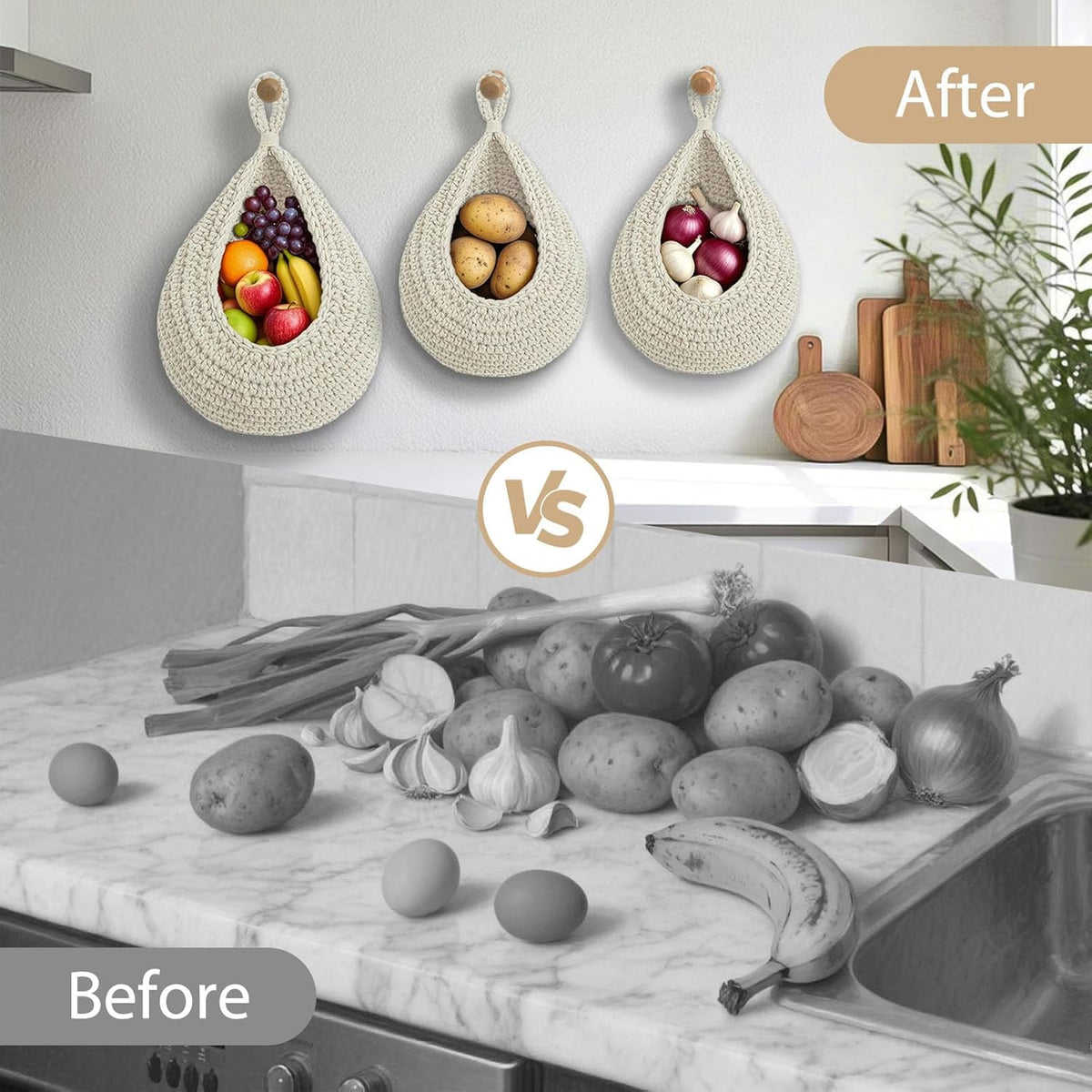 Hanging Fruit Baskets for Kitchen, 3 Pack Boho Cotton Rope Handwoven Vegetable Storage Wall Mounted Large Organizing Basket for Farmhouse Decor, Onion, Potato, Garlic and Plants (White)