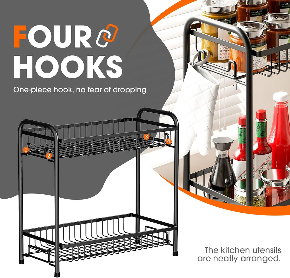 Spice Rack for Countertop, 2-Tier Standing Sturdy Metal Seasoning Organizer Holder, Space Saving Spice Shlef for Kitchen, Cabinet, Pantry Storage, Easy Assembly, Black