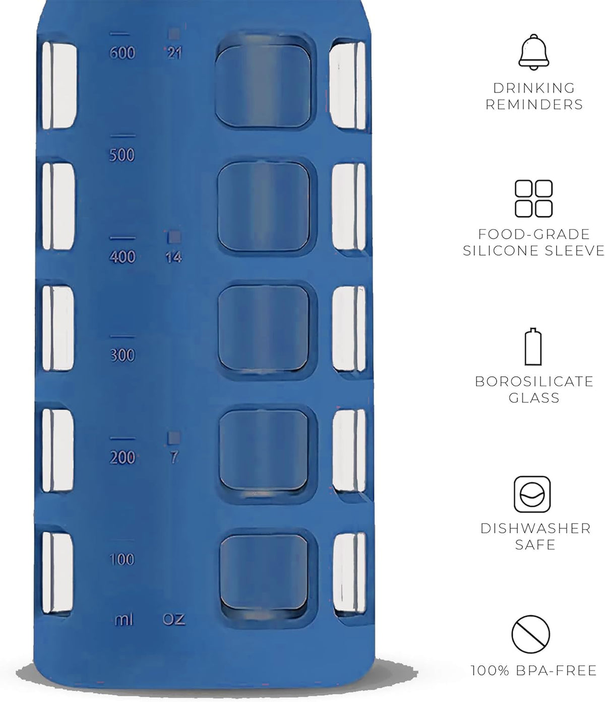 purifyou 40oz / 32oz / 22oz / 12oz Borosilicate Glass Water Bottle with Time & Volume Markers, Silicone Sleeve, Stainless Steel Lid – Reusable Glass Bottle for Water & Juice (22oz Chinese Porcelain)