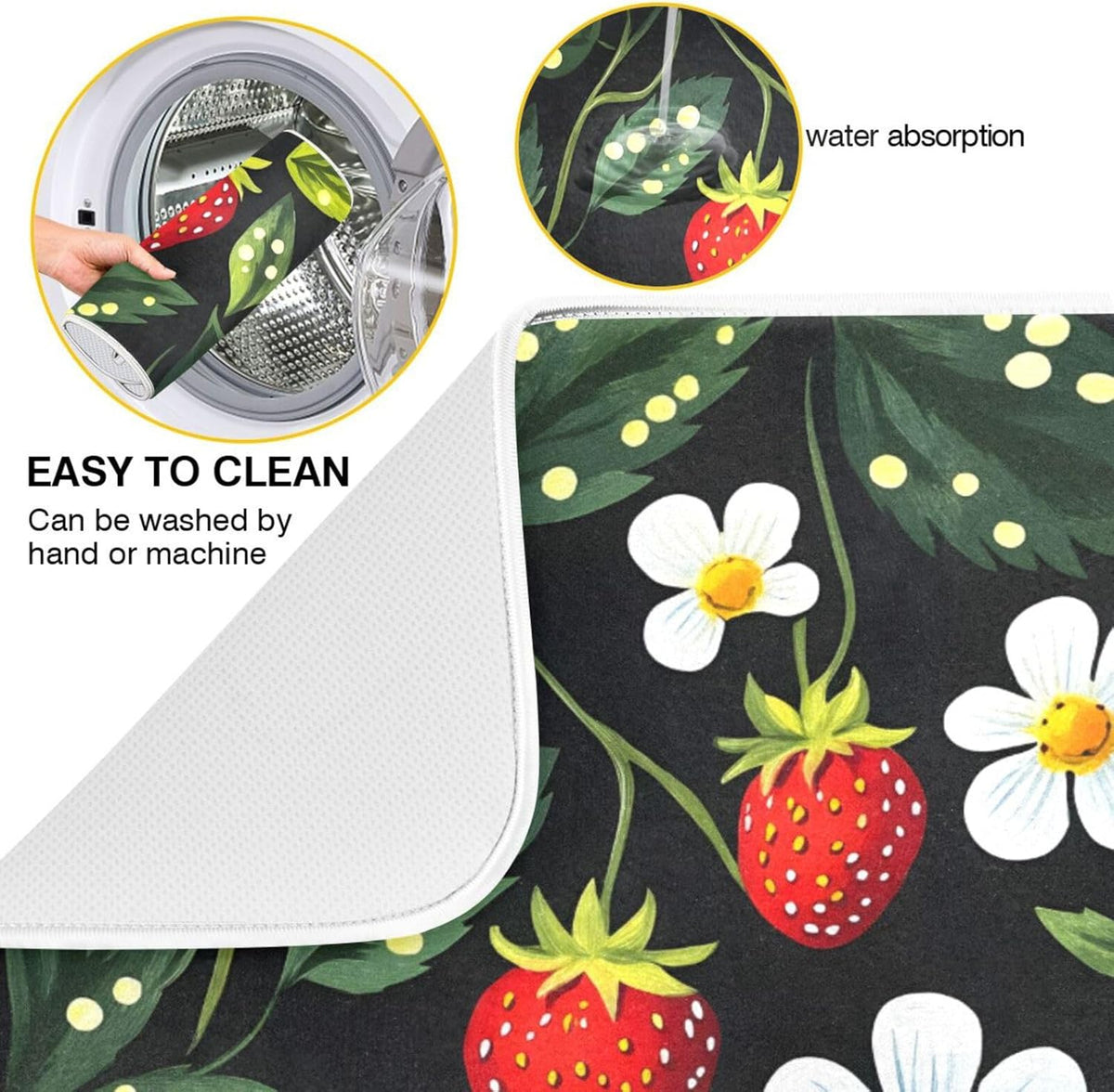 Strawberries White Flowers Dish Drying Mat for Kitchen Counter Absorbent Microfiber Drying Pad, Medium 16x18 in, Reversible Drainer Mats