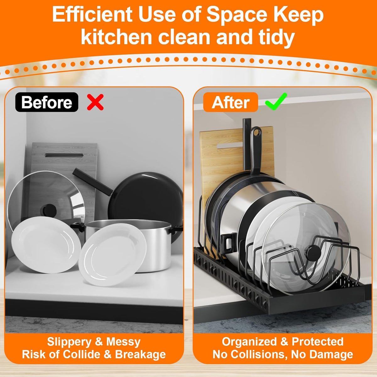 Pots and Pans Organizer for under Cabinet Pull Out Cabinet Organizer Sliding Pot and Pan Organizer in Kitchen, Cabinet Pull Out Shelves, for Pots, Lids and Pan Organizer with Two Types of Shelves