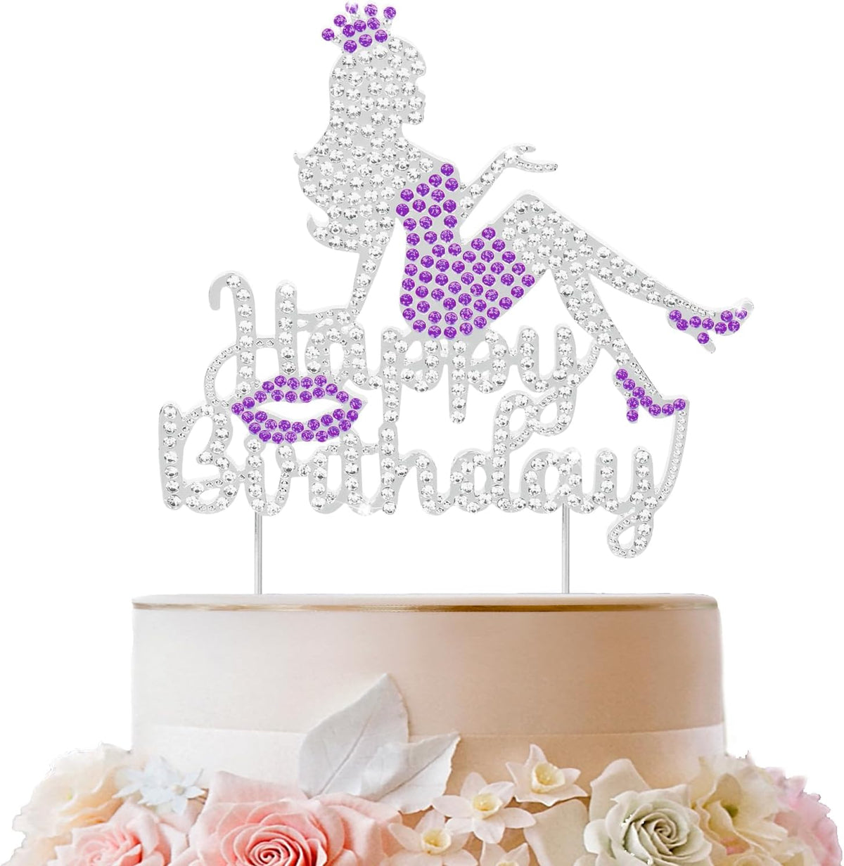 LINGTEER Happy Birthday Crown Queen Lady Rhinestone Cake Topper - Cheers to Makeup Spa Birthday Party Cake Centerpieces Decorations Gift Sign - Purple