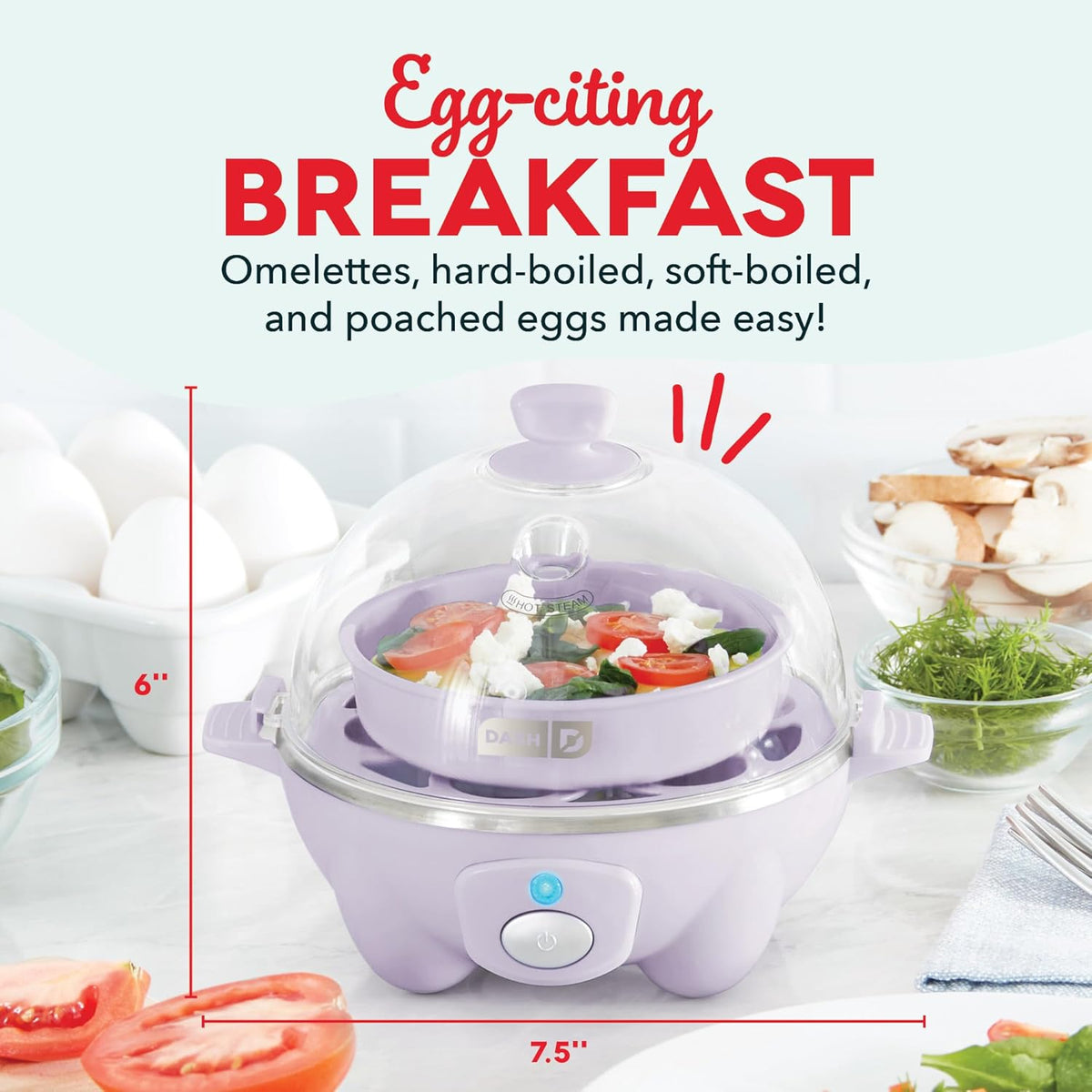 DASH Rapid Egg Cooker: 7 Egg Capacity Electric Egg Cooker for Hard Boiled Eggs, Poached Eggs, Scrambled Eggs, or Omelets with Auto Shut Off Feature - Lavender